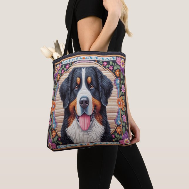 Tote Bag Frontière colorée florale du chien de montagne ber (De près)