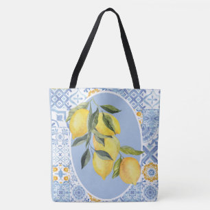Tote Bag Fruits de citron, carreaux bleus d'inspiration eur