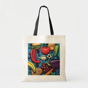 Tote Bag Fruits et légumes colorés au fourre-tout bleu
