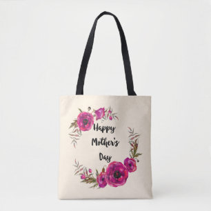 Tote Bag Fuchsia Poppies Floral Wreath Bonne fête des mères