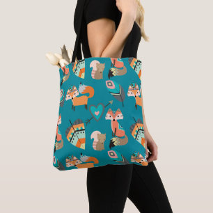 Tote Bag Fun Boho Tribal Renards sur Motif Turquoise