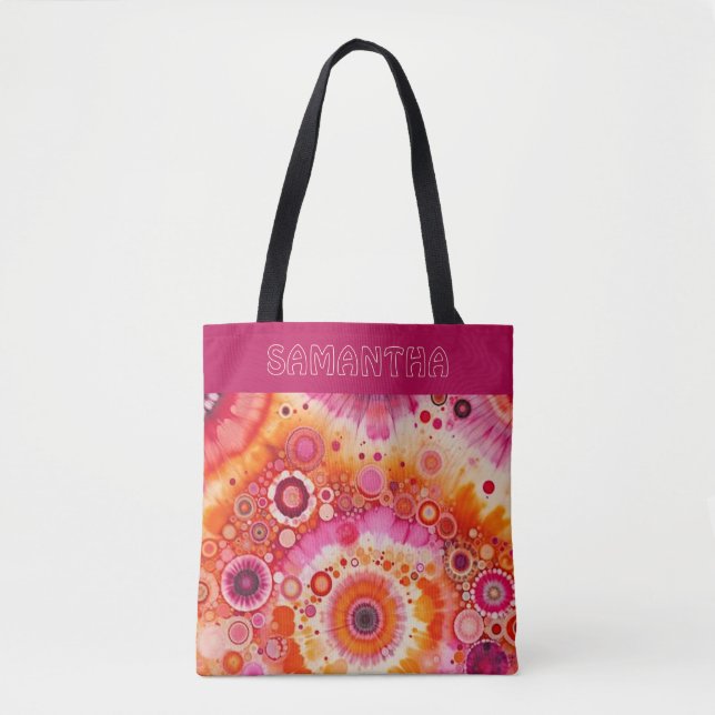 Tote Bag Fun Bold Orange Hot Pink Batik Circles Art Pattern (Devant)