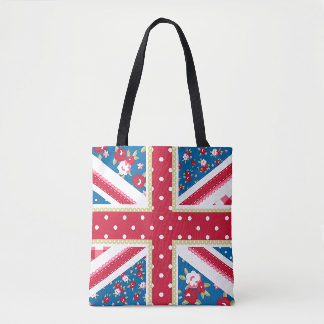 Tote Bag Fun Folk Quilt British Union Jack Flowers (Devant)
