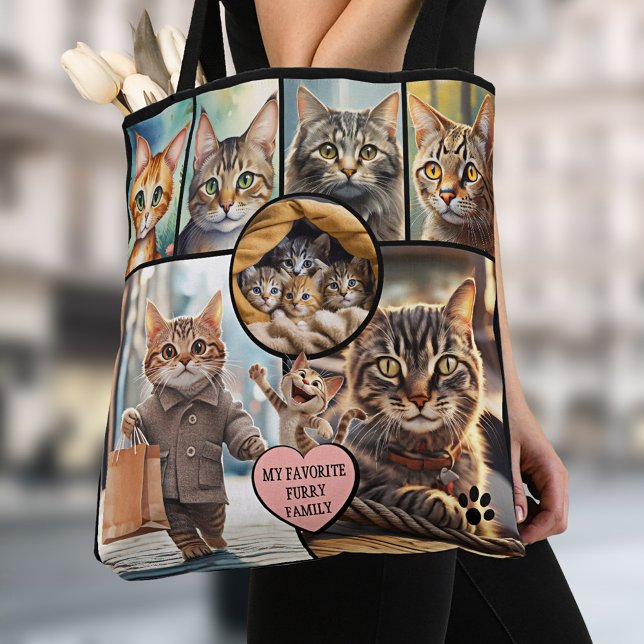 Tote Bag Fun Multi Photo Collage Cat Lover (Tote bag featuring a collage of your favorite cat photos in different shapes with a heart)