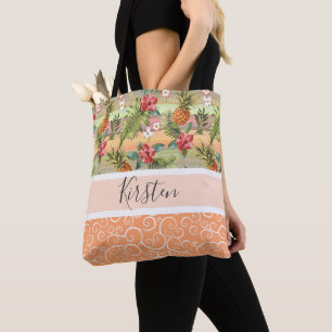 Tote Bag Fun Tropical Pineappy Flower Motif