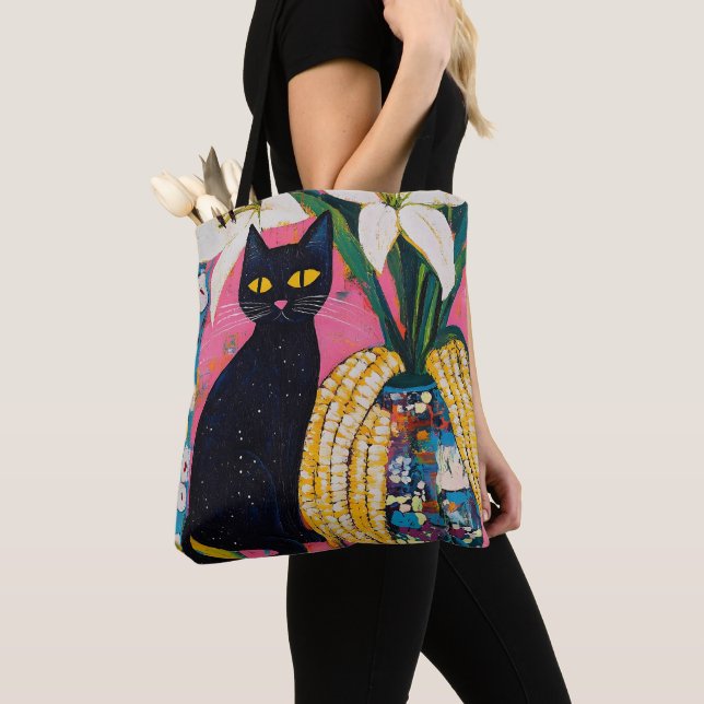 Tote Bag Funny Black Cat and Flower Vase (De près)