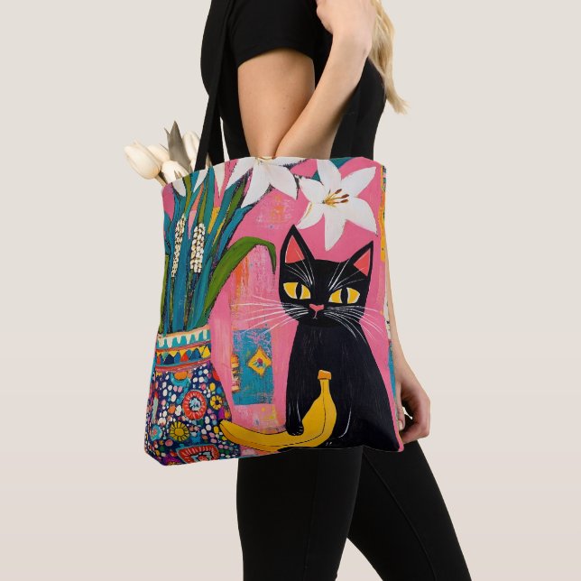 Tote Bag Funny Black cat Banana and Flower Vase (De près)