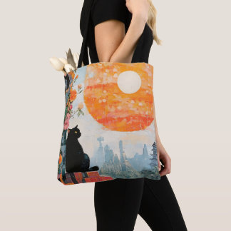 Tote Bag Funny Black cat enjoying the full moon