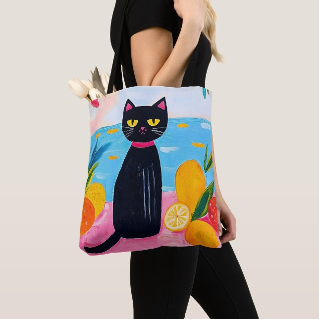 Tote Bag Funny Black Cat Fresh Fruit and Sea (De près)