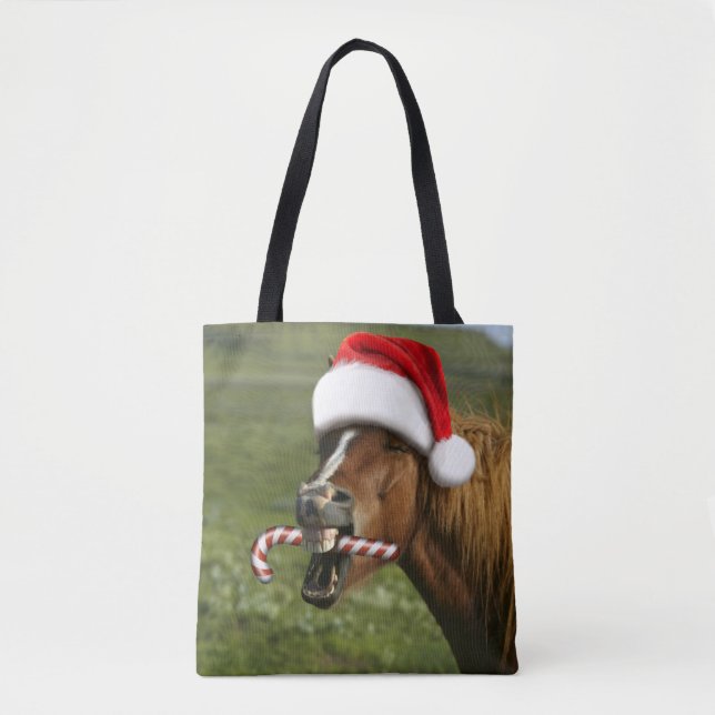 Tote Bag Funny Christmas horse with Santa a smiling (Devant)