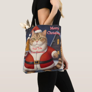Tote Bag Funny Festif chat de Noël avec verre de bière