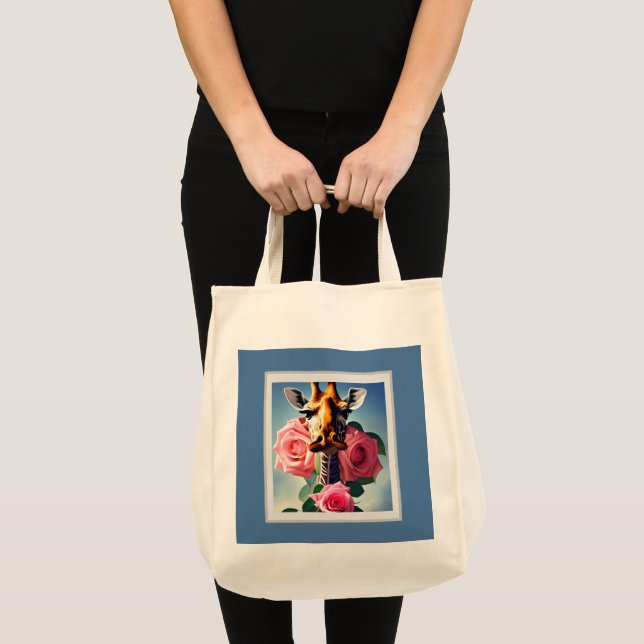 Tote Bag Funny Giraffe et Rose Surreal Shopping Fourre-tout (Devant (produit))