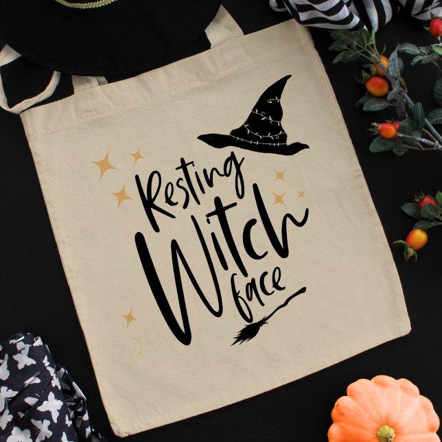 Tote Bag Funny Halloween Typography Witch, Broom & Hat (Créateur téléchargé)