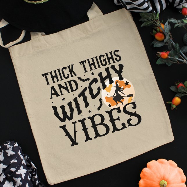 Tote Bag Funny Halloween Typography Witch & Full Moon (Créateur téléchargé)