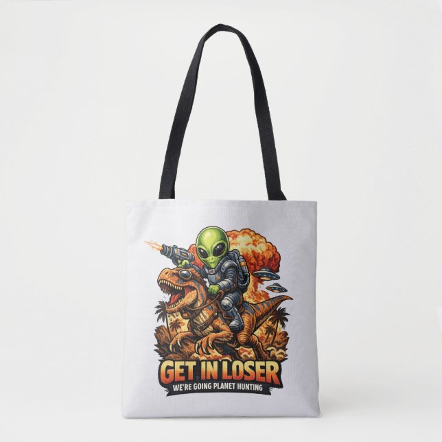 Tote Bag Funny Sci-Fi Fantasy Meme Art, Alien Riding Dinosa (Devant)