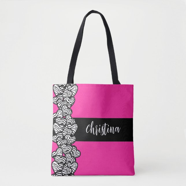 Tote Bag Fuschia rose noir blanc zèbre motif nom du coeur (Devant)
