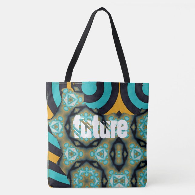 Tote Bag Futur -motif fractal et géométrique en turquoise (Devant)