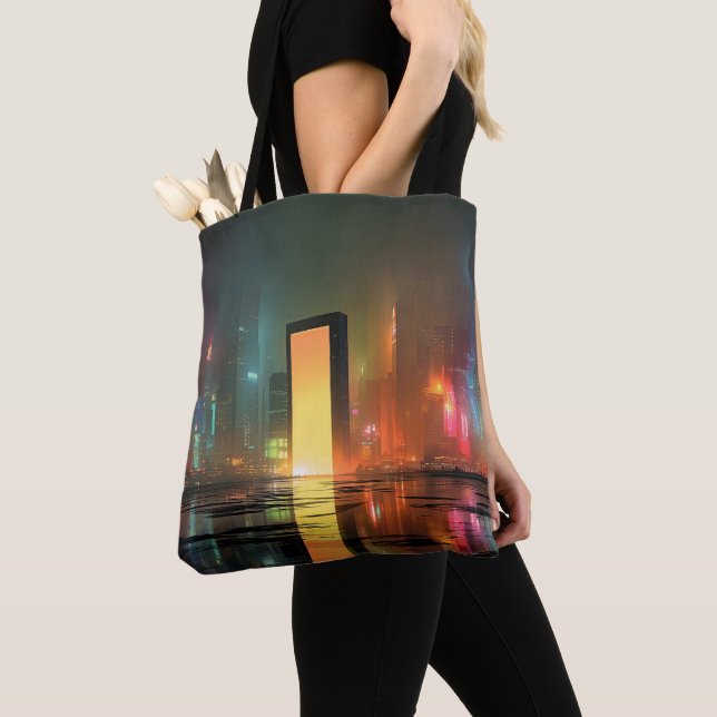 Tote Bag Futuristic Cityscape with Neon Reflections (De près)