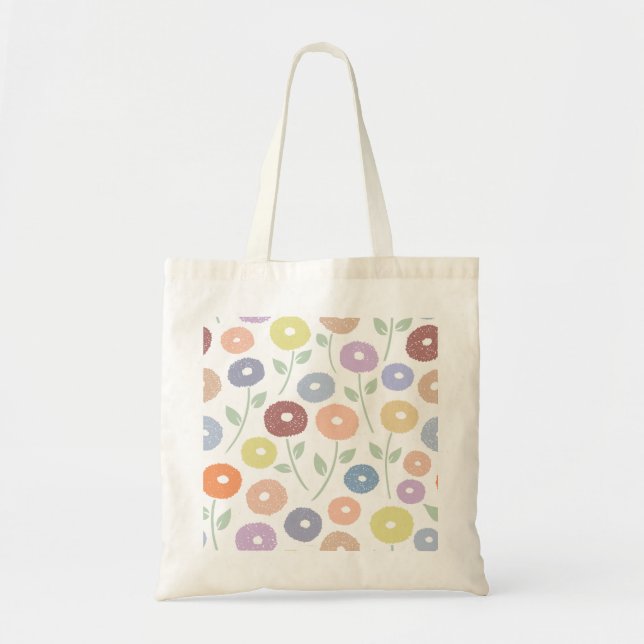Tote Bag Fuzzy Flower Lg Pattern Pastels on White (Devant)