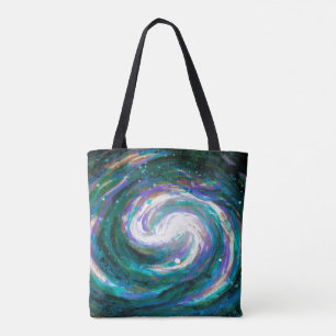 Tote Bag Galaxie émérite peinte en vert et violet