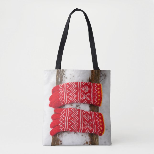 Tote Bag Gants tricotés rouges dans la neige (Devant)