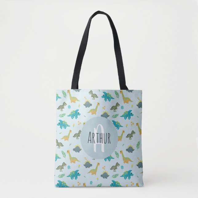 Tote Bag Garçons Bleu Cute T-Rex Dinosaur Motif Enfants (Devant)
