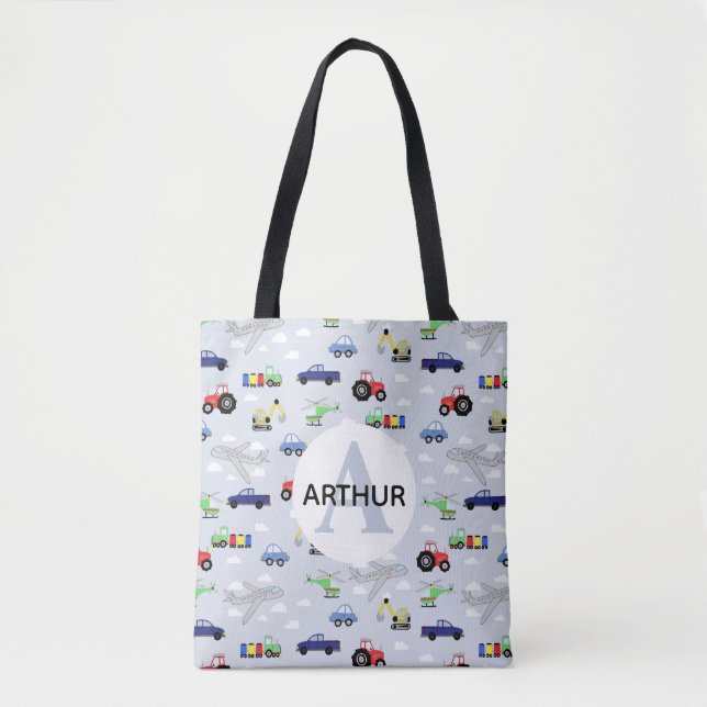 Tote Bag Garçons Transport Motif Tracteur et nom Enfants (Devant)