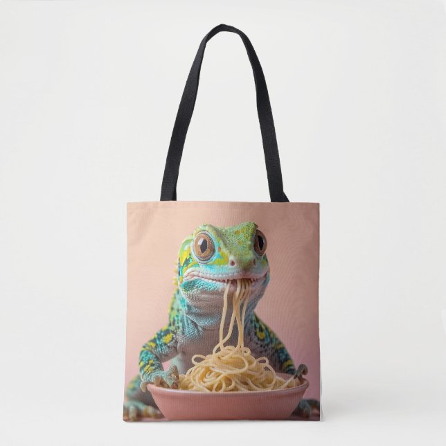Tote Bag Gecko Drôle Manger Spaghetti (Devant)
