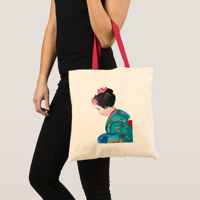 Tote Bag Geisha mignon japonais avec des fleurs de cerisier (Devant (produit))