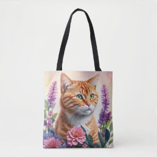 Tote Bag Ginger Cat Floral Multicolor Art