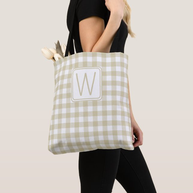 Tote Bag Gingham à carreaux beige et blanc avec monogramme (De près)