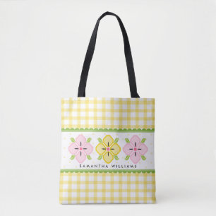 Tote Bag Gingham Jaune Floral Monogrammé