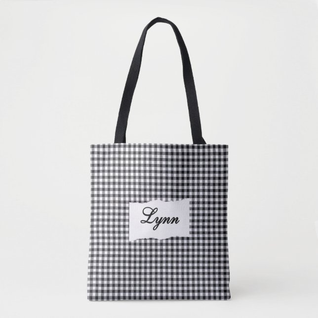 Tote Bag Gingham Noir & Blanc Classique | Nom Personnalisé (Devant)