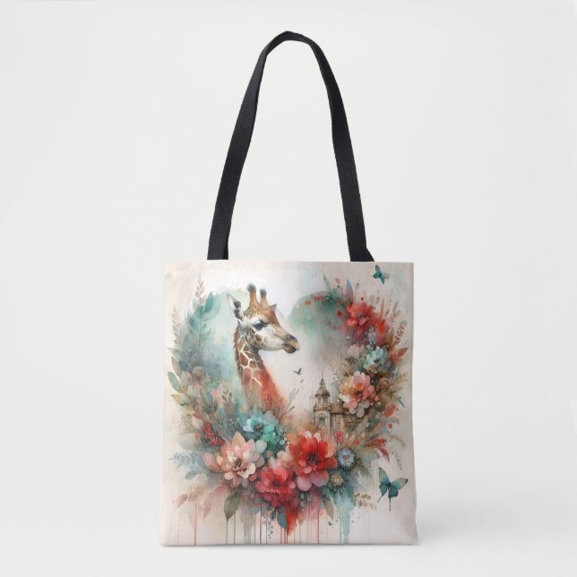 Tote Bag Giraffe Bloomscape Watercolor Floral Safari  (Devant)