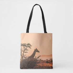 TOTE BAG GIRAFFE NOIR ET BLANC SUR LE CHAMP GRASS BROWN