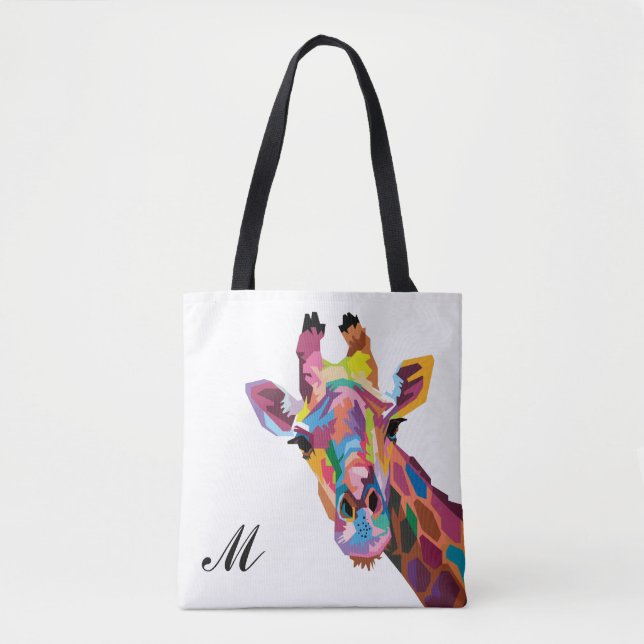 Tote Bag Giraffe Pop Art coloré Monogramme (Devant)