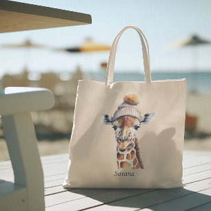 Tote Bag Giraffe portant casquette d'hiver personnalisable 
