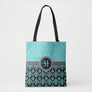 Tote Bag Girl Aqua Blue Parties scintillant Monogramme Nom 