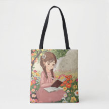 Tote bag Girl writing in a flower field