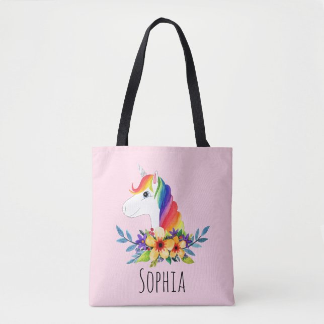 Tote Bag Girls mignonne Magical Rainbow Unicorn et nom Enfa (Devant)