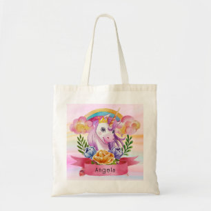 Tote Bag Girls mignonne violet licorne arc-en-ciel Nom pers