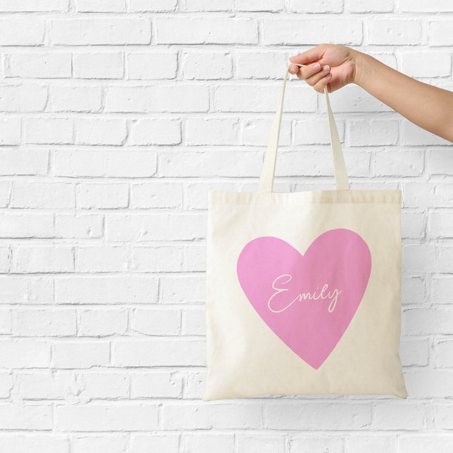 Tote Bag Girly Pink Heart Fourre-tout avec nom (Créateur téléchargé)
