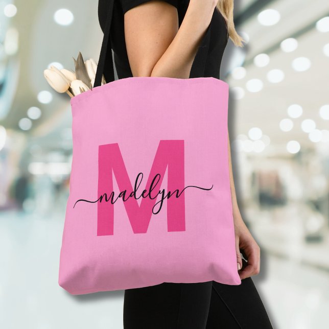 Tote Bag Girly Pink tendance moderne Script Nom Monogramme (Girly Pink Trendy Modern Script Name Monogram Tote Bag)