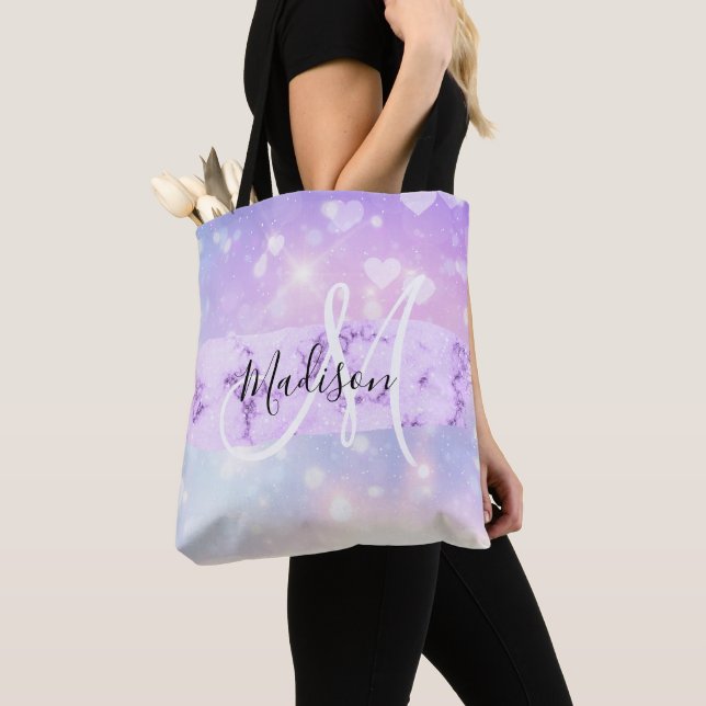 Tote Bag Girly Sparkly Unicorn Rainbow Hearts Monogramme (De près)