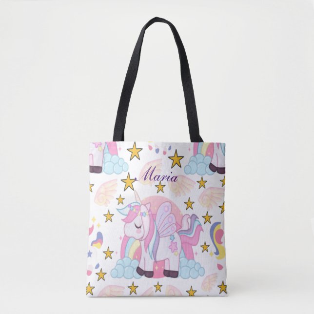 Tote Bag Girly Unicorn Rainbow Nom magique Personnalisé (Devant)