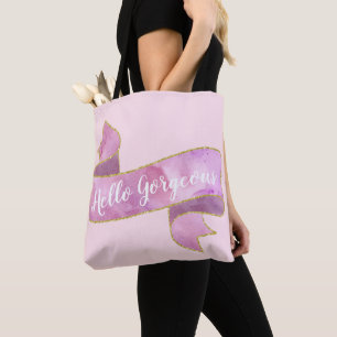 Tote Bag Girty Pretty Blush Rose Hello Gorgeous Gold Ribbon