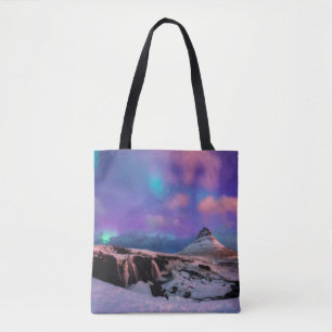Tote Bag Glace et neige Lumières du Nord, montagne Kirkju