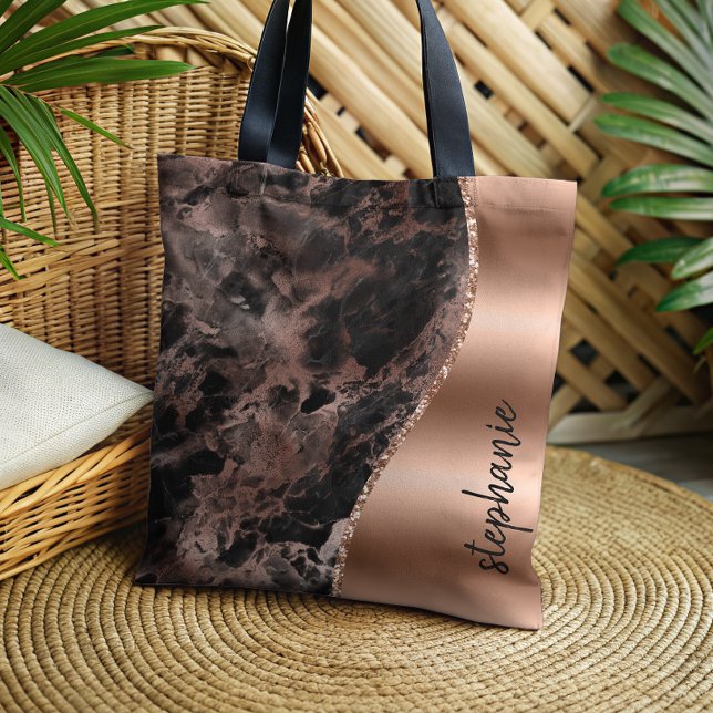 Tote Bag Glam Black Rose Gold Marble Nom métallique (Créateur téléchargé)