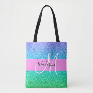 Tote Bag Glam Bleu Vert Paillettes Brillant Dégradé Monogra