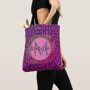 Tote Bag Glam Leopard rose et violet Monogramme personnalis